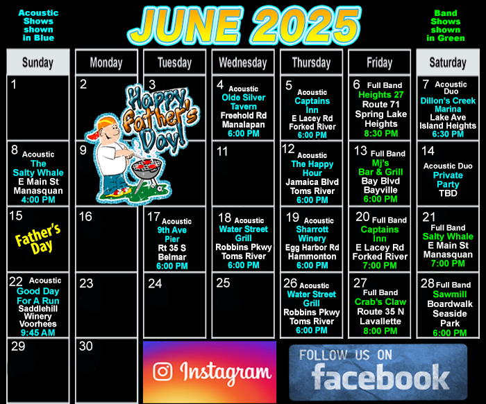 June Live Music in Ocean Monmouth County NJ
